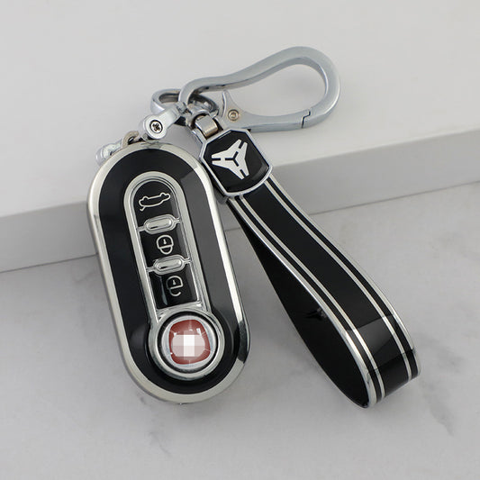 Carsine Fiat Car Key Cover Silver Edge Black / Key case + strap
