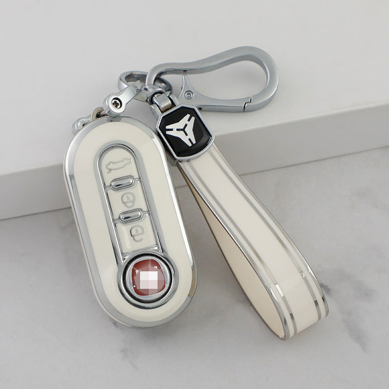 Carsine Fiat Car Key Cover Silver Edge White / Key case + strap