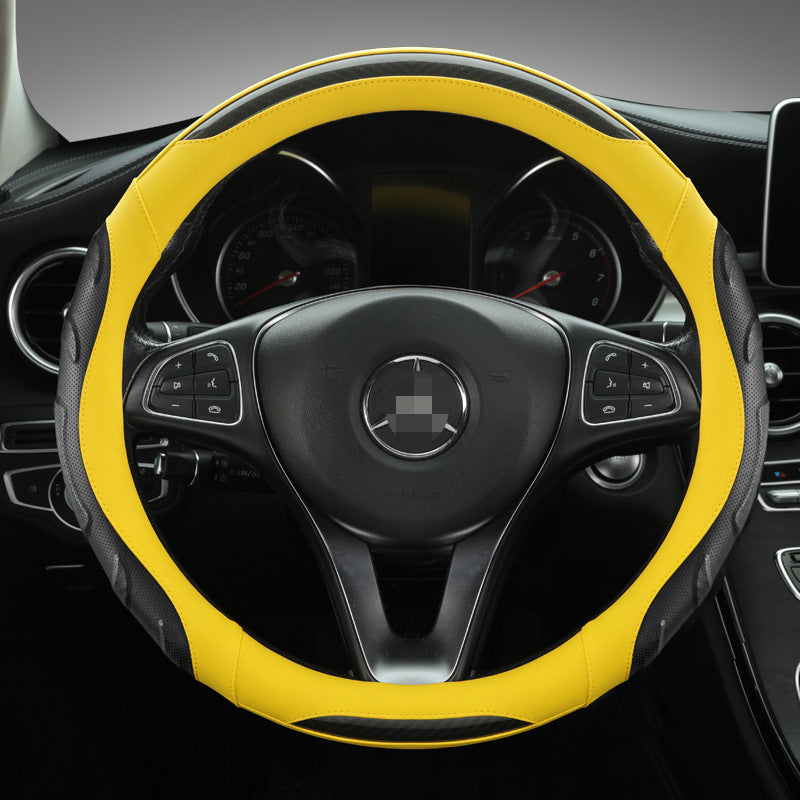 Carsine Leather Carbon Fiber Car Steering Wheel Cover Yellow / Round