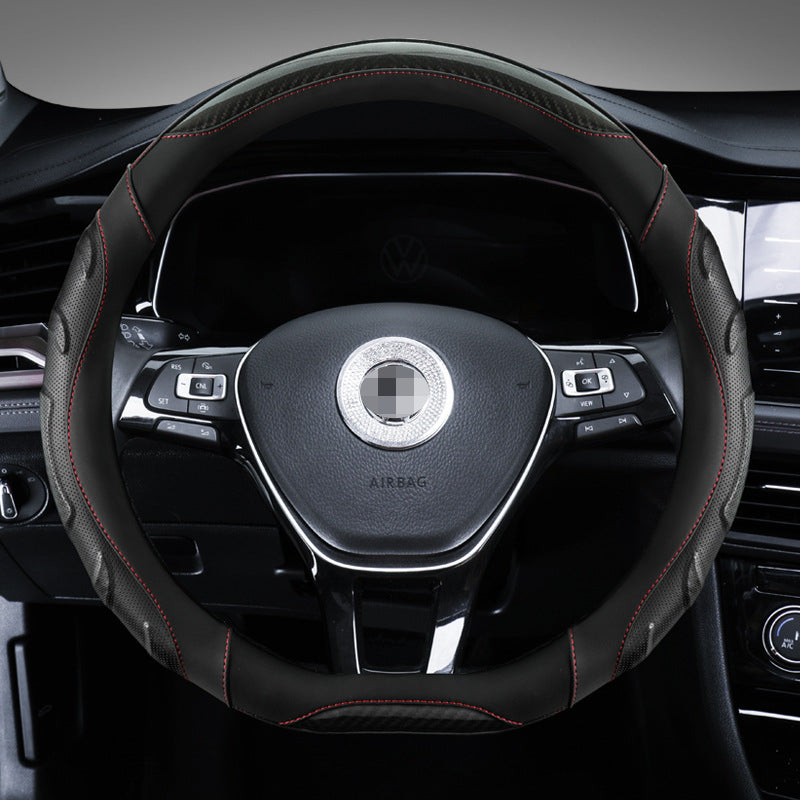 Carsine Leather Carbon Fiber Car Steering Wheel Cover Black / D-shaped