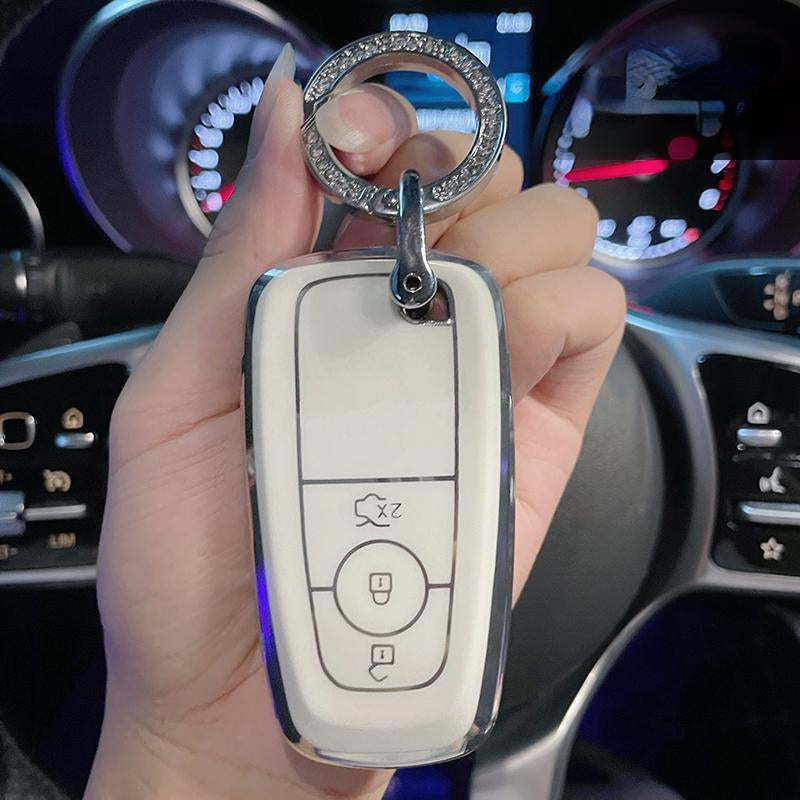 Carsine Lincoln Car Key Case Silver Edge 3 Buttons / White / Key case + O chain