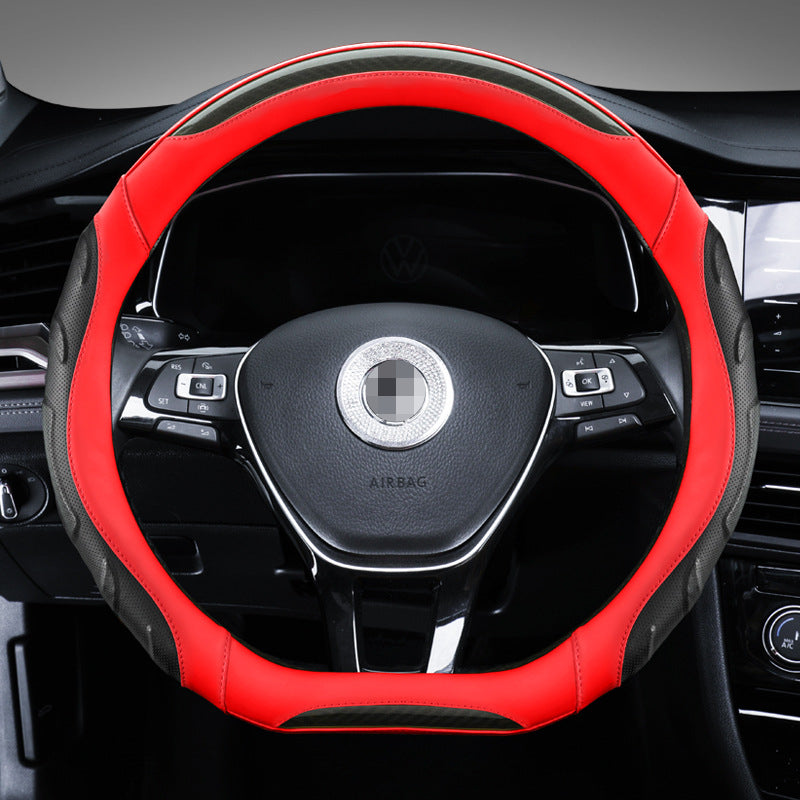 Carsine Leather Carbon Fiber Car Steering Wheel Cover Red / D-shaped