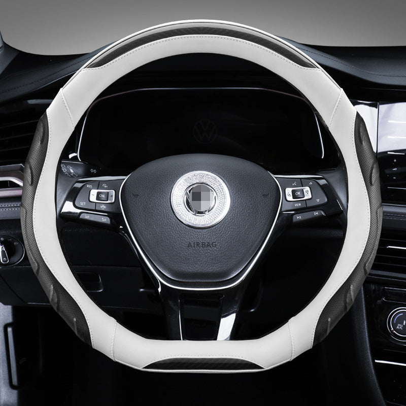 Carsine Leather Carbon Fiber Car Steering Wheel Cover White / D-shaped