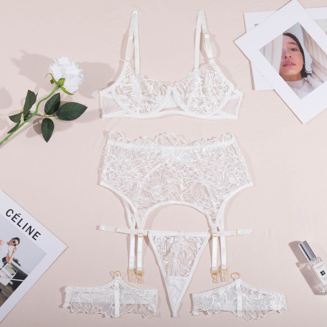 Embroidered Push-Up Sexy Lingerie and Garter 4 Pcs Set G string Thong