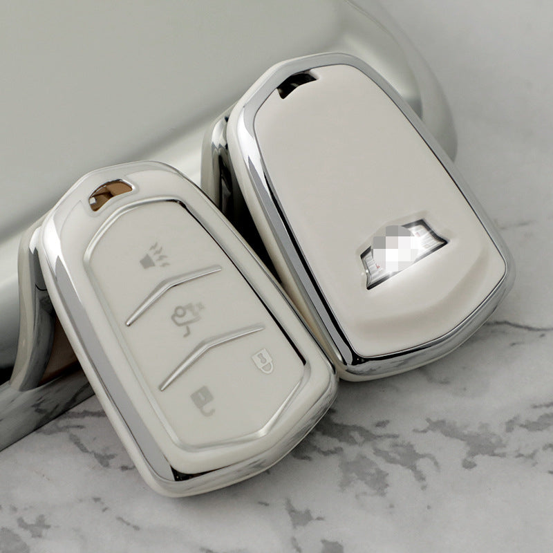 Carsine Cadillac Car Key Cover Silver Edge White / Key case