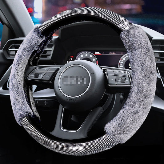 Carsine Rhinestone Plush Steering Wheel Cover Grey / 14.96 in / 38cm