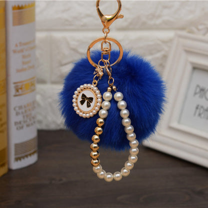 Carsine Fluff Ball Bow Pearl Chain Keychain Blue