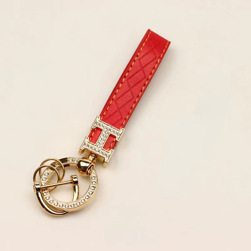 Carsine Leather Rhinestones Key Strap Golden Edge Red