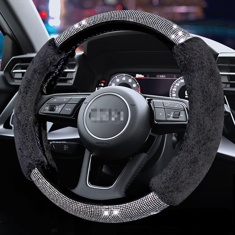 Carsine Rhinestone Plush Steering Wheel Cover Black / 14.96 in / 38cm