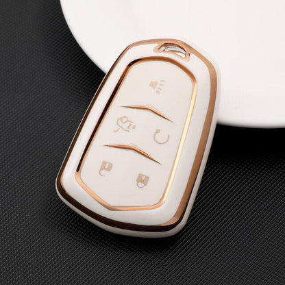 Carsine Cadillac Car Key Case Golden Edge 5 Buttons / White / Key case