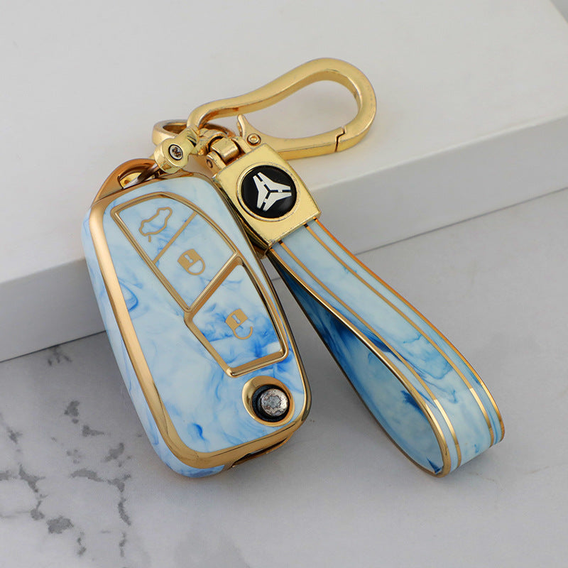 Carsine Fiat Car Key Case Gold Inlaid With Jade Blue / Key case + strap
