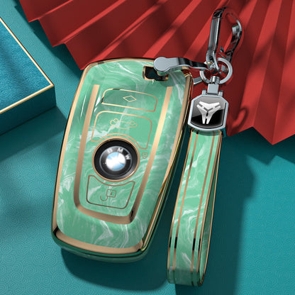 Carsine BMW Car Key Case Gold Inlaid With Jade Green / Key case + strap