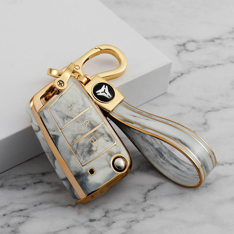 Carsine Volkswagen Car Key Case Gold Inlaid With Jade Grey / Key case + strap