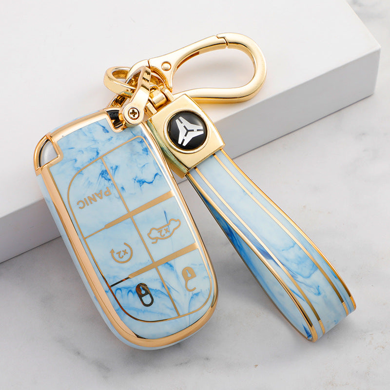 Carsine Jeep Dodge Chrysler Car Key Case Gold Inlaid With Jade Blue / Key case + strap