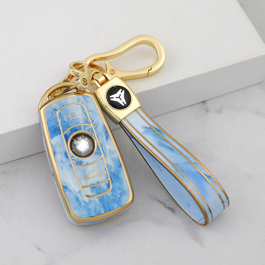 Carsine BMW Car Key Case Gold Inlaid With Jade Blue / Key case + strap
