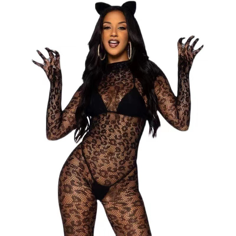 Black sexy long sleeve one-piece fishnet stockings closed crotch see-through Carsine Black sexy long sleeve one-piece fishnet stockings closed crotch see-through Carsine