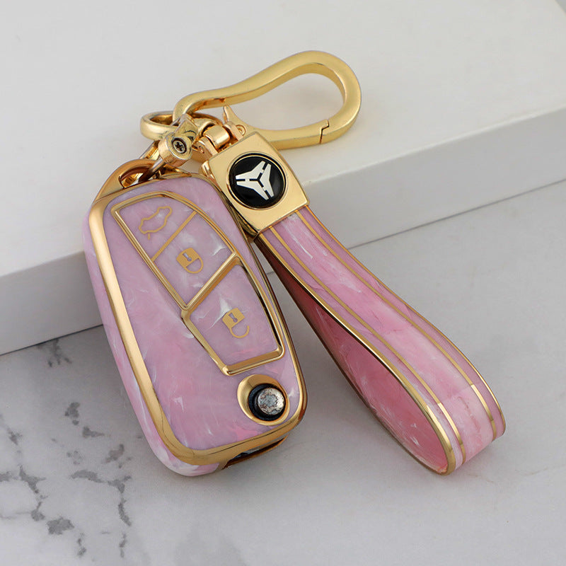 Carsine Fiat Car Key Case Gold Inlaid With Jade Pink / Key case + strap