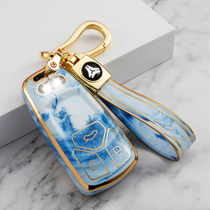 Carsine Audi Car Key Case Gold Inlaid With Jade Blue / Key case + strap