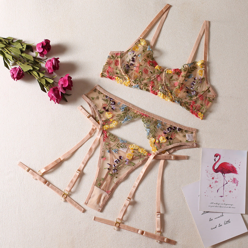 Khaki Sexy Lingerie 4-Piece Set T-Back with Leg Rings G string Thong