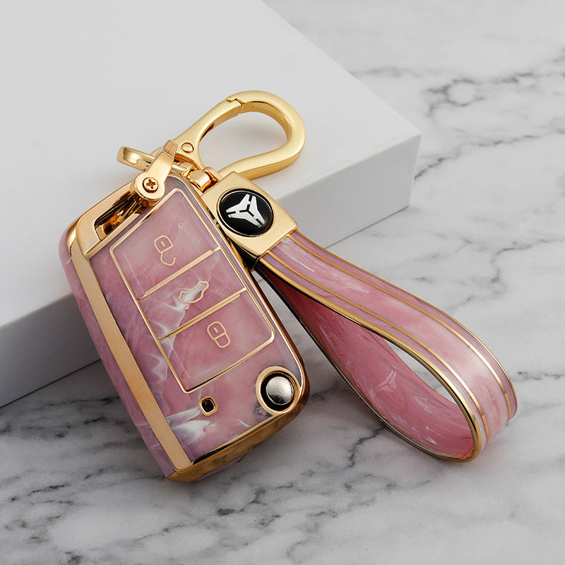 Carsine Volkswagen Car Key Case Gold Inlaid With Jade Pink / Key case + strap