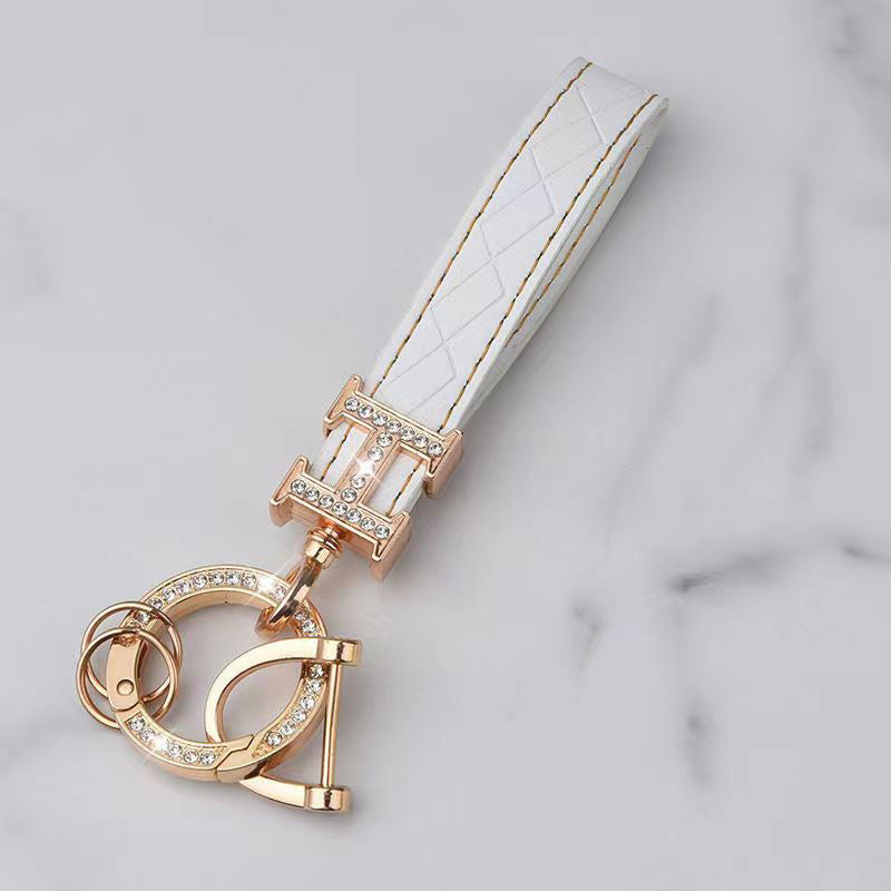 Carsine Leather Rhinestones Key Strap Golden Edge White