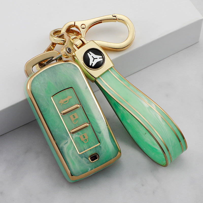 Carsine Mitsubishi Car Key Case Gold Inlaid With Jade Green / Key case + strap