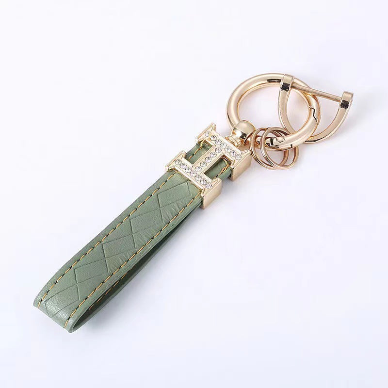 Carsine Leather Rhinestones Key Strap Golden Edge Green