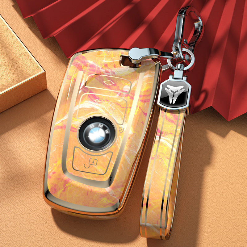Carsine BMW Car Key Case Gold Inlaid With Jade Yellow / Key case + strap