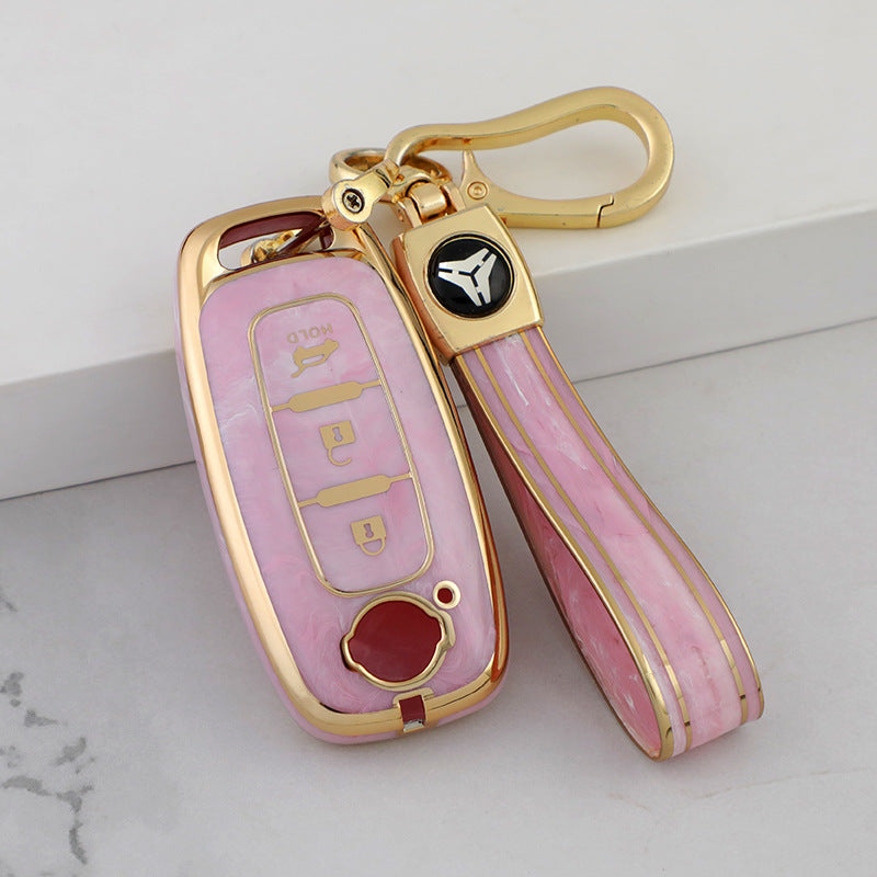 Carsine Nissan Car Key Case Gold Inlaid With Jade Pink / Key case + strap