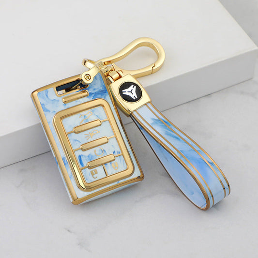 Carsine Cadillac Car Key Case Gold Inlaid With Jade Blue / Key case + strap