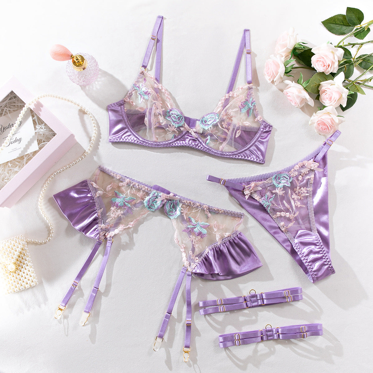 Embroidered sexy lingerie four-piece set G string Thong