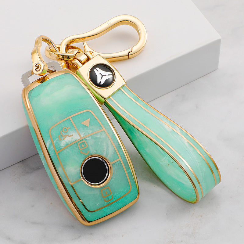 Carsine Mercedes Benz Car Key Case Gold Inlaid With Jade Green / Key case + strap