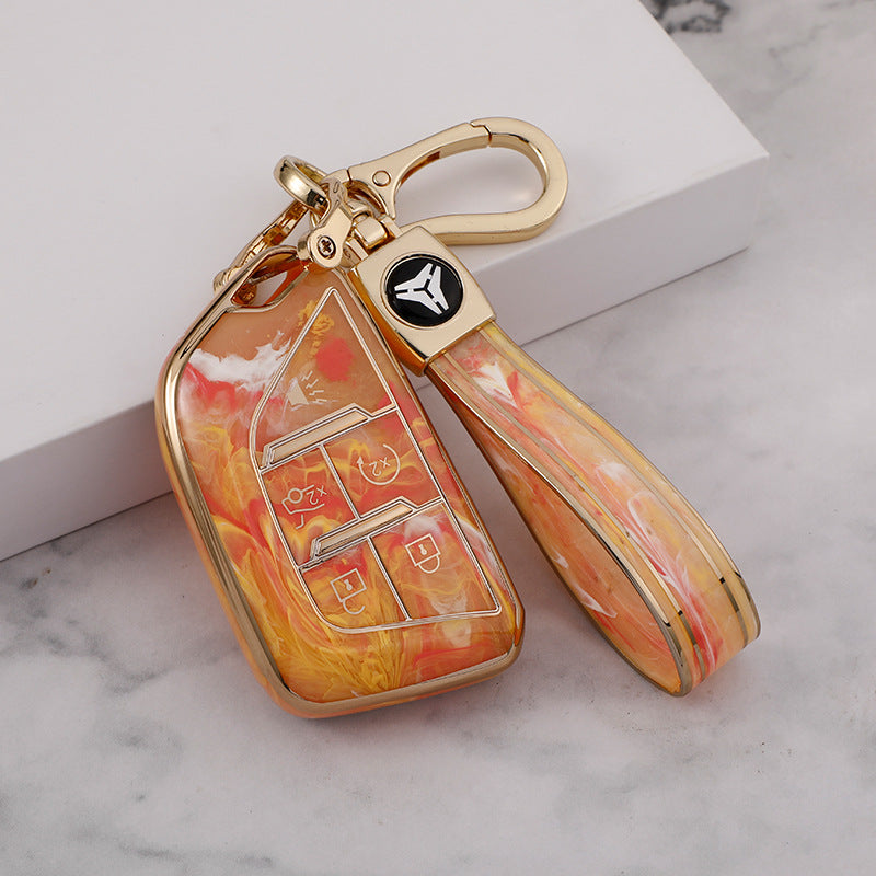 Carsine Cadillac Car Key Case Gold Inlaid With Jade Yellow / Key case + strap