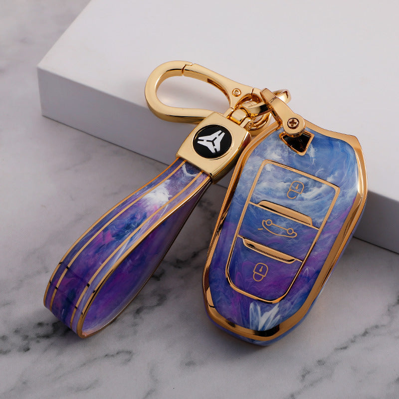 Carsine Citroen Peugeot Car Key Case Gold Inlaid With Jade Purple / Key case + strap