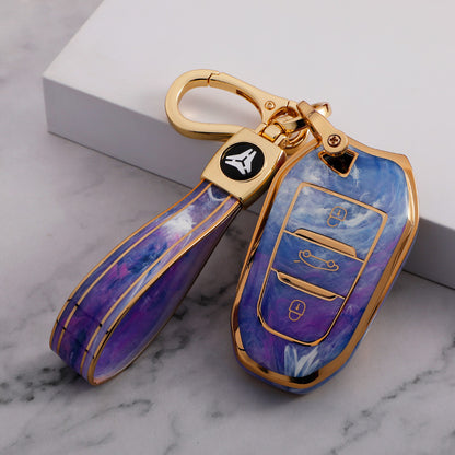 Carsine Citroen Peugeot Car Key Case Gold Inlaid With Jade Purple / Key case + strap
