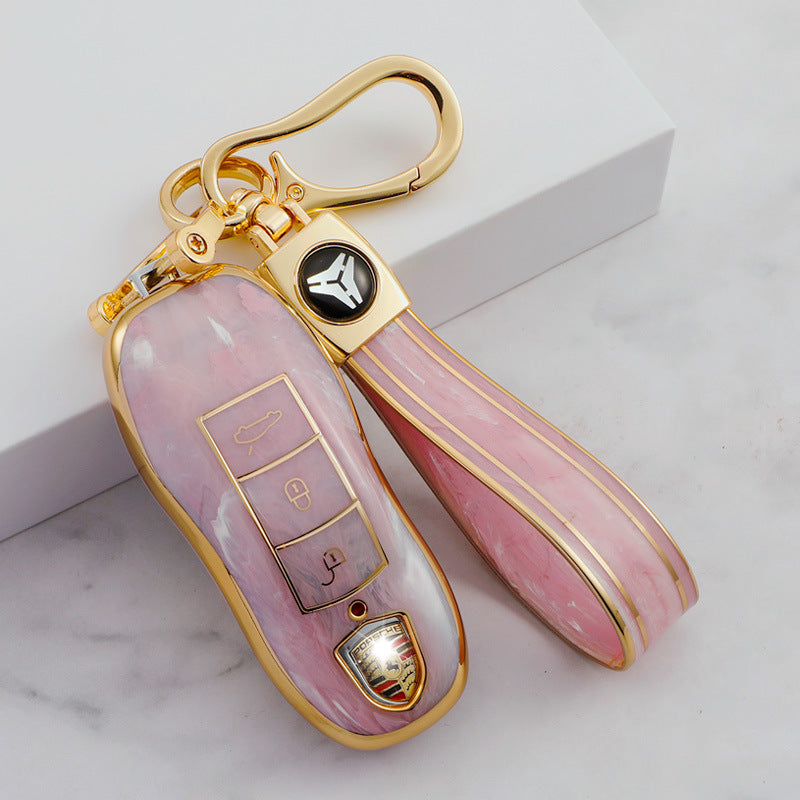 Carsine Porsche Car Key Case Gold Inlaid With Jade Pink / Key case + strap