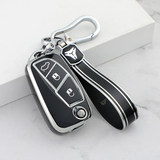 Carsine Fiat Car Key Cover Silver Edge Black / Key case + strap