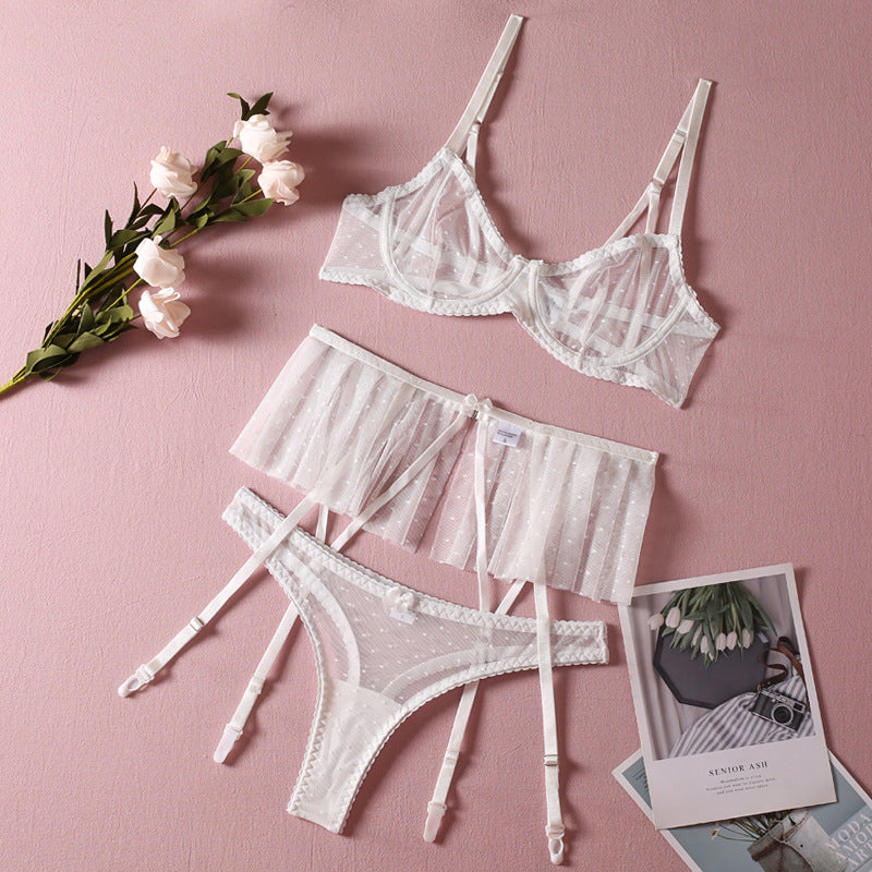 Sexy lingerie three piece set with skirt G string Thong