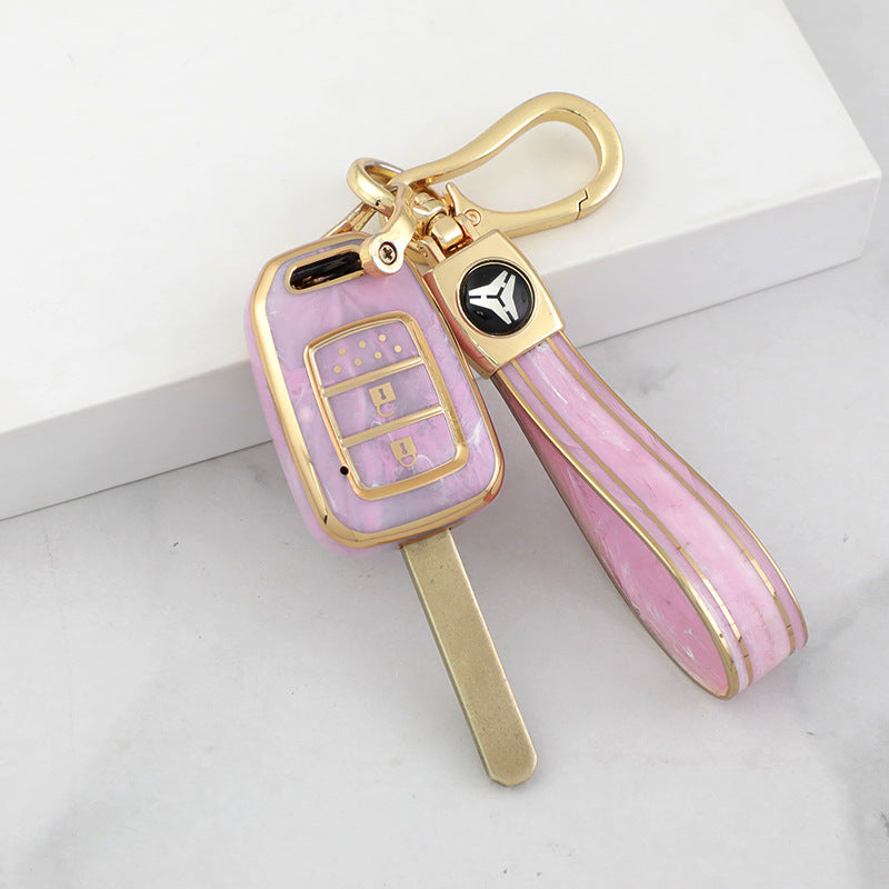 Carsine Honda Car Key Case Gold Inlaid With Jade Pink / Key case + strap