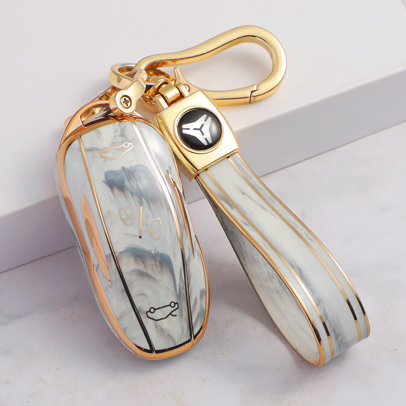 Carsine Tesla Car Key Case Gold Inlaid With Jade Grey / Key case + strap