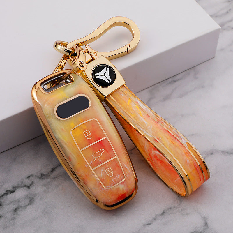 Carsine Audi Car Key Case Gold Inlaid With Jade Yellow / Key case + strap