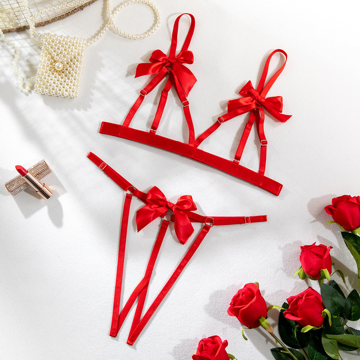 Open crotch exposed breast bow sexy lingerie two piece set G string Thong