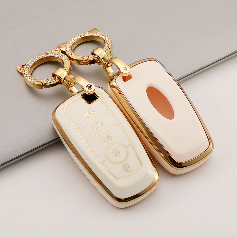 Carsine Ford Car Key Case Golden Edge White / Key case(no chain)