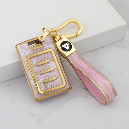 Carsine Cadillac Car Key Case Gold Inlaid With Jade Pink / Key case + strap
