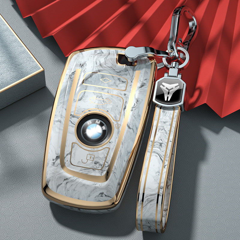 Carsine BMW Car Key Case Gold Inlaid With Jade Grey / Key case + strap