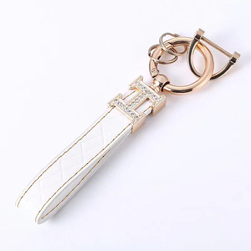 Carsine Leather Rhinestones Key Strap Golden Edge White