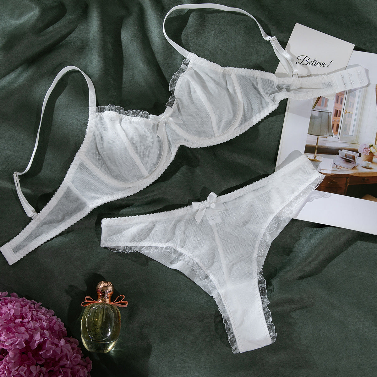 Ruffle hem simple sexy lingerie two piece set G string Thong