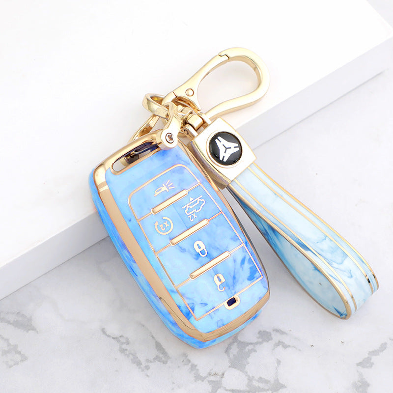 Carsine Jeep Dodge Chrysler Car Key Case Gold Inlaid With Jade Blue / Key case + strap