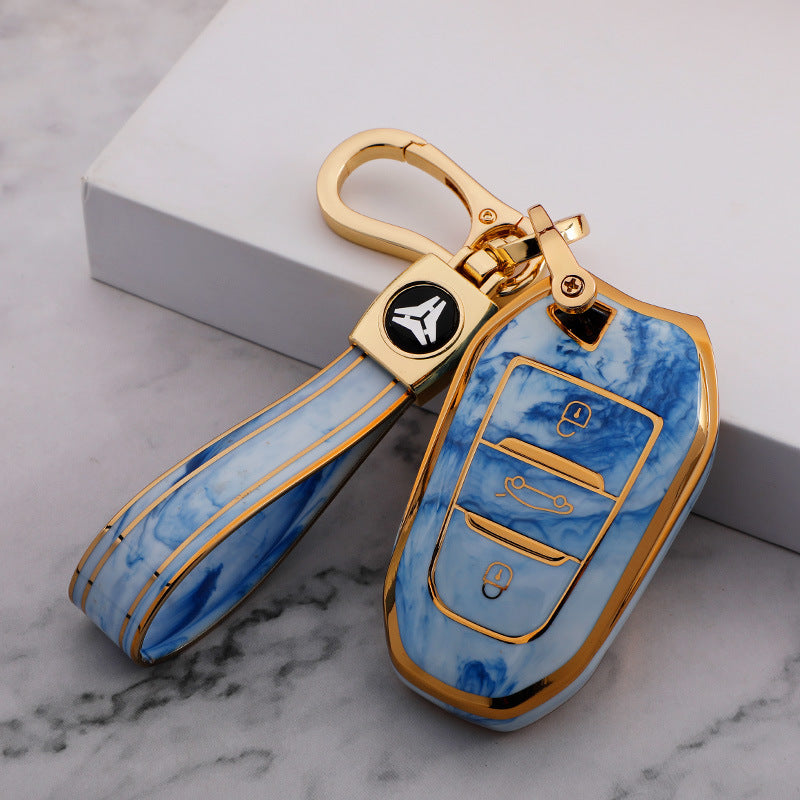 Carsine Citroen Peugeot Car Key Case Gold Inlaid With Jade Blue / Key case + strap