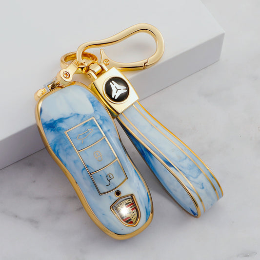 Carsine Porsche Car Key Case Gold Inlaid With Jade Blue / Key case + strap